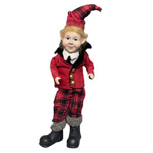 Christmas Elf Doll 12" Porcelain Head/Hands Poseable Body Plaid Cabincore Whimsy